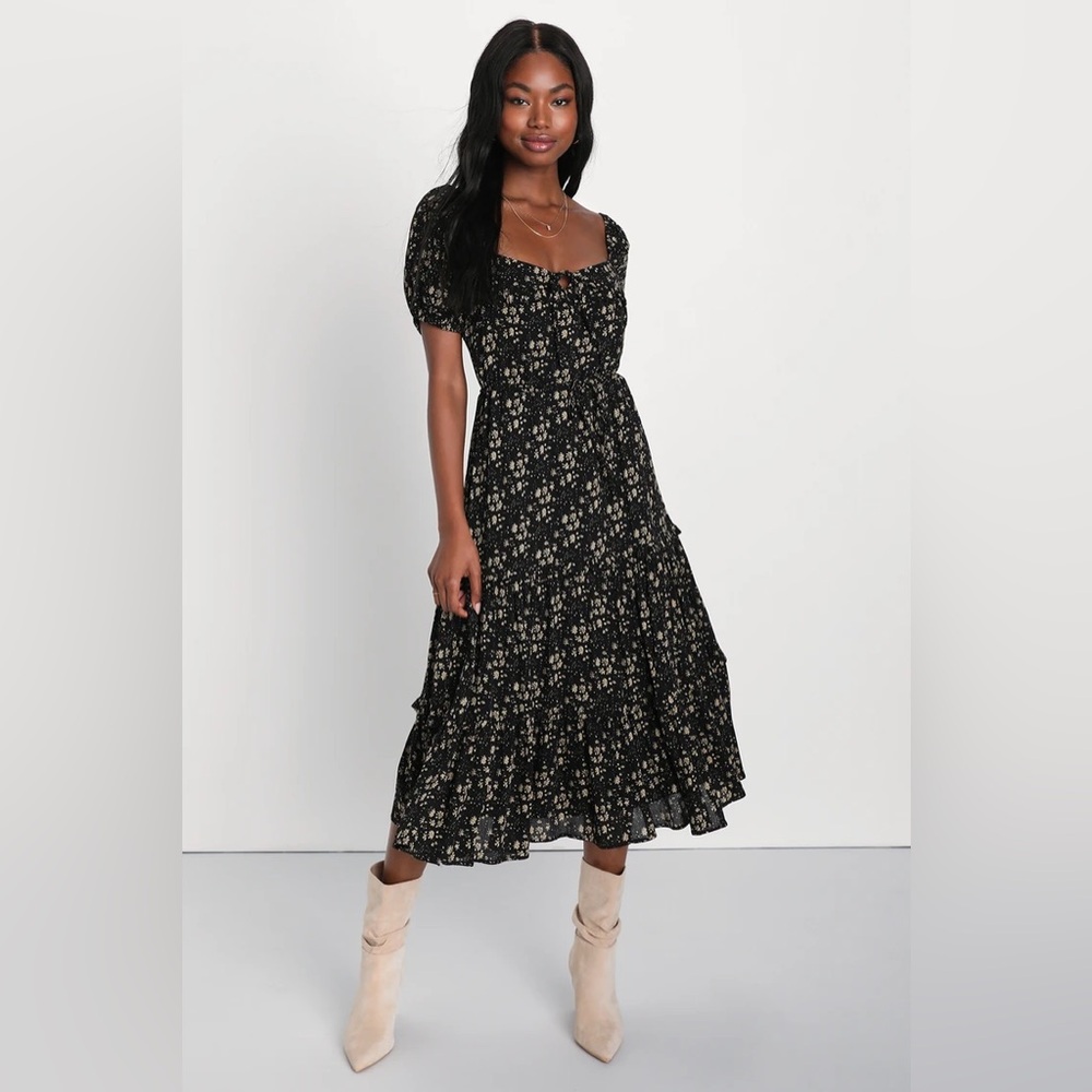 Adorable Ideal Black Floral Print Tiered Ruffled Midi Dress
